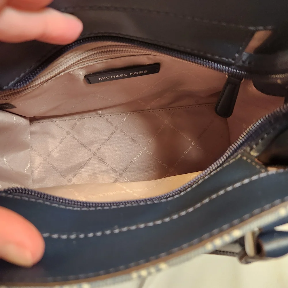 Michael Kors Hamilton Small Logo Embossed Washed Denim Satchel - Picture 11 of 13